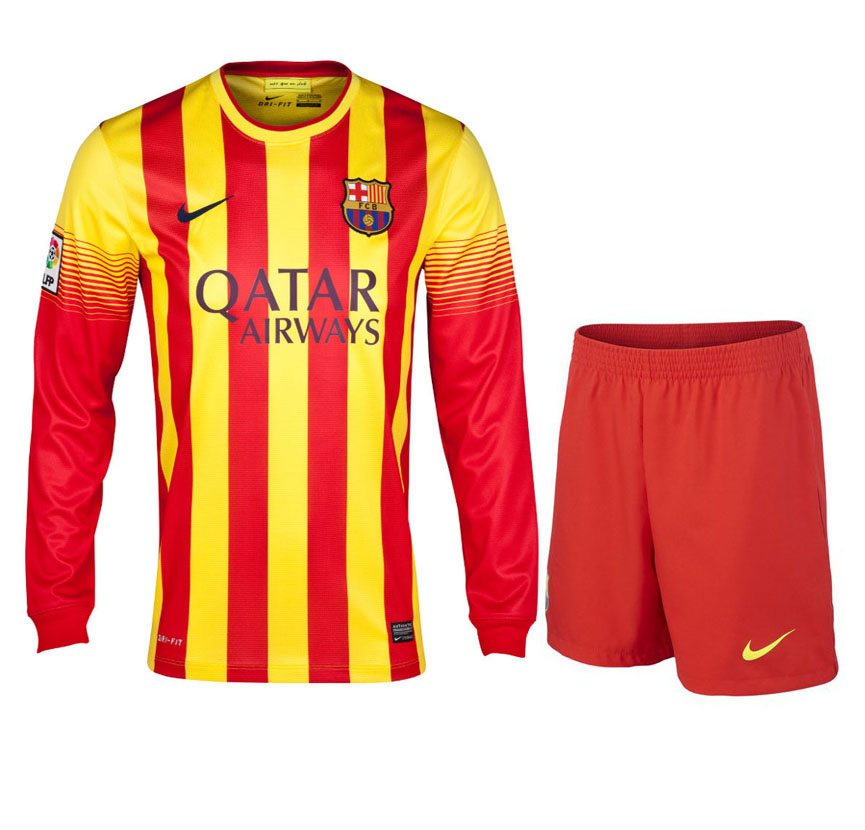 13-14 Barcelona Away Long Sleeve Soccer Jersey Kit(Shirt+Short)