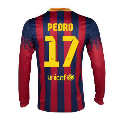 13-14 Barcelona #17 Pedro Home Long Sleeve Soccer Jersey Shirt