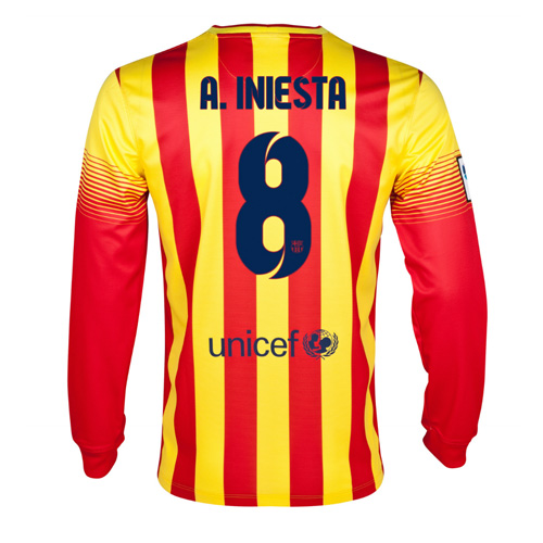 13-14 Barcelona #8 A.Iniesta Away Long Sleeve Soccer Jersey Shirt