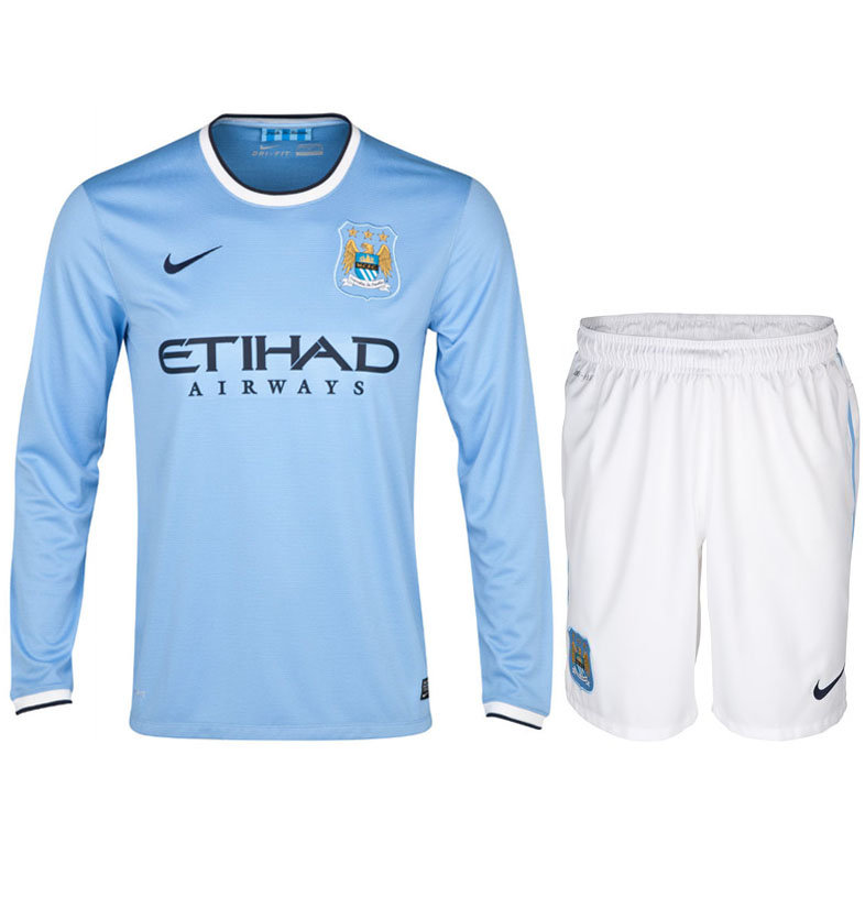 13-14 Manchester City Home Long Sleeve Jersey Kit(Shirt+Short)