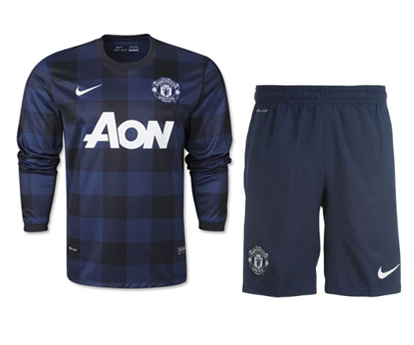 13-14 Manchester United Away Black Long Sleeve Jersey Kit(Shirt+Short)